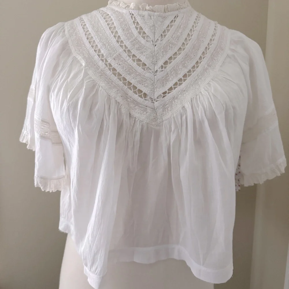 Free People White Crochet Yoke Flutter Sleeve Top